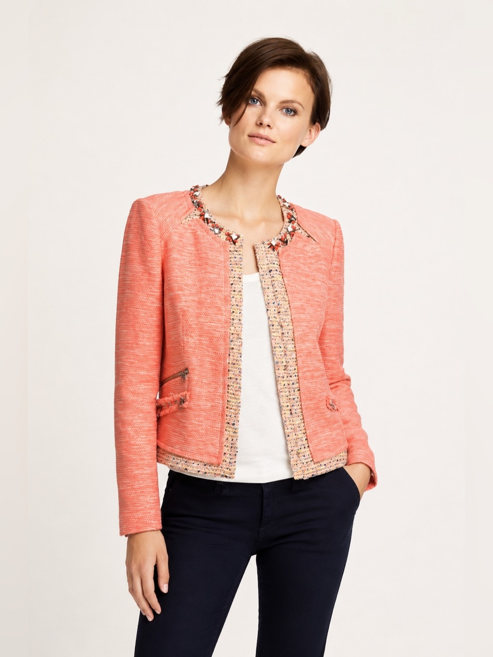 McGinn Maria Tweed Jacket Beaded Collar Coral Ivory 4